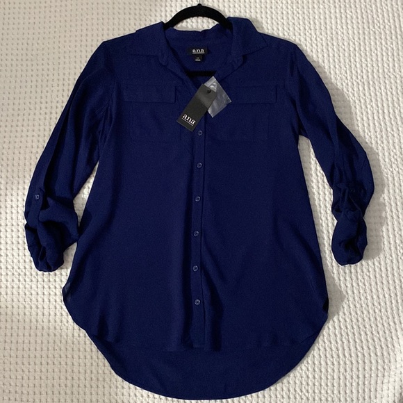 🎁 a.n.a 100% Rayon Gorgeous Color Blue, High-Low Adjustable Sleeves Blouse. - Picture 1 of 3